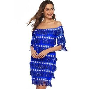 Chartou Sexy Fringes Off The Shoulder Sequin Dress Size S Royal Blue